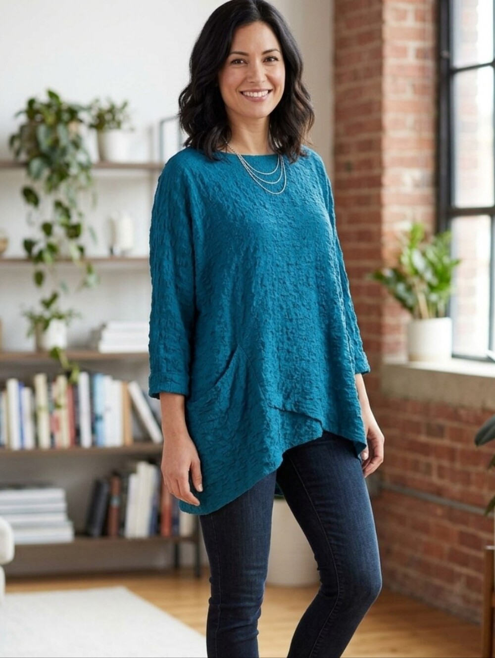 Ali Miles Deep Teal Waffle-Knit Scoop Neck Pullover